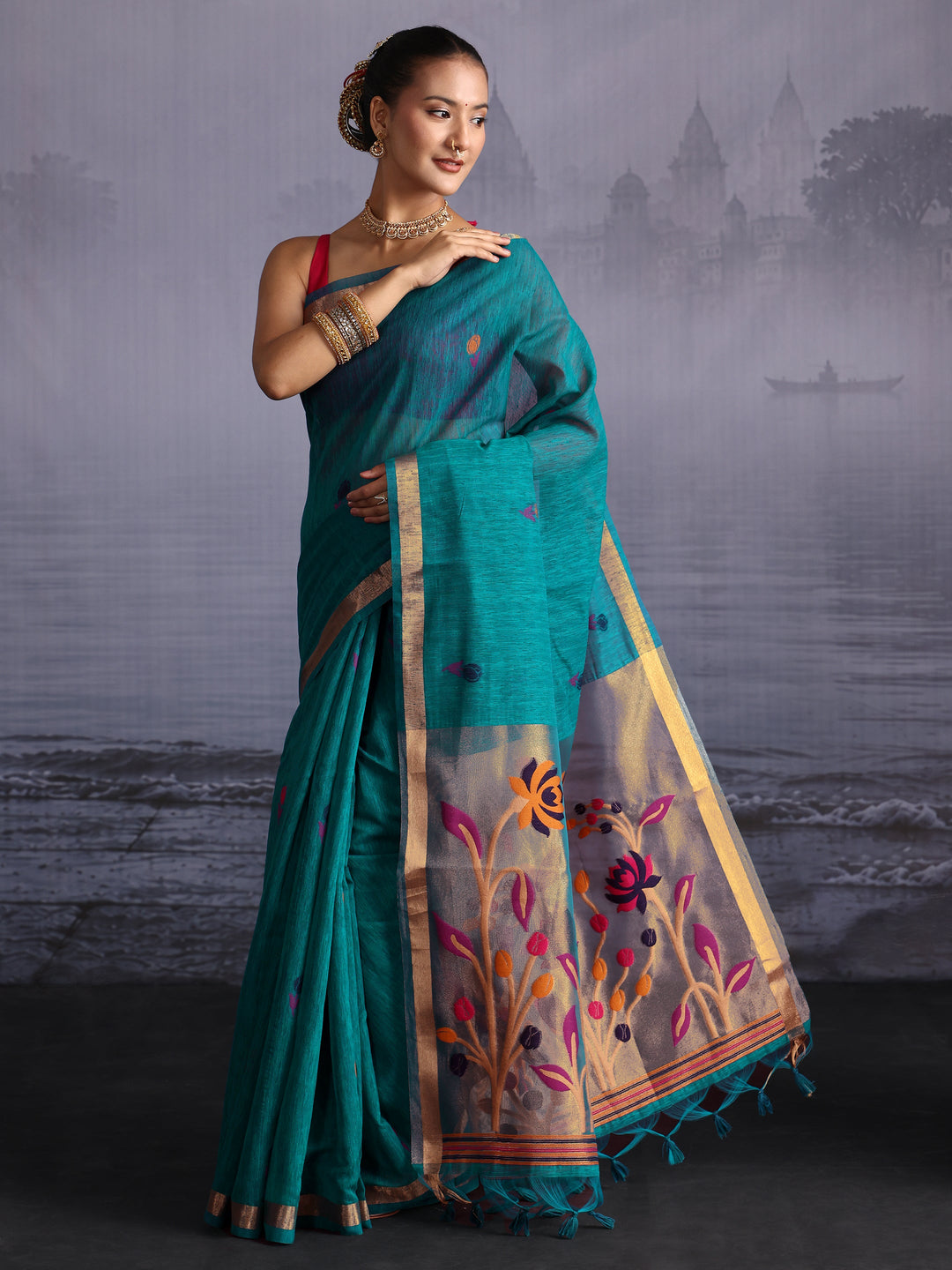 Libas Blue Floral Woven Design Cotton Blend Saree