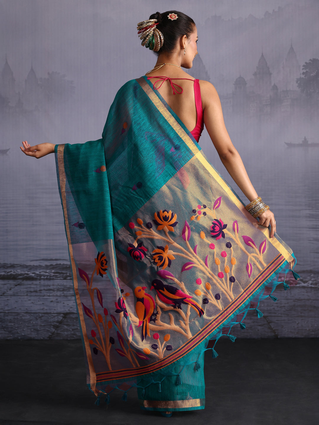 Libas Blue Floral Woven Design Cotton Blend Saree