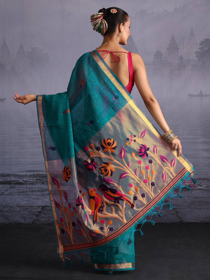 Libas Blue Floral Woven Design Cotton Blend Saree