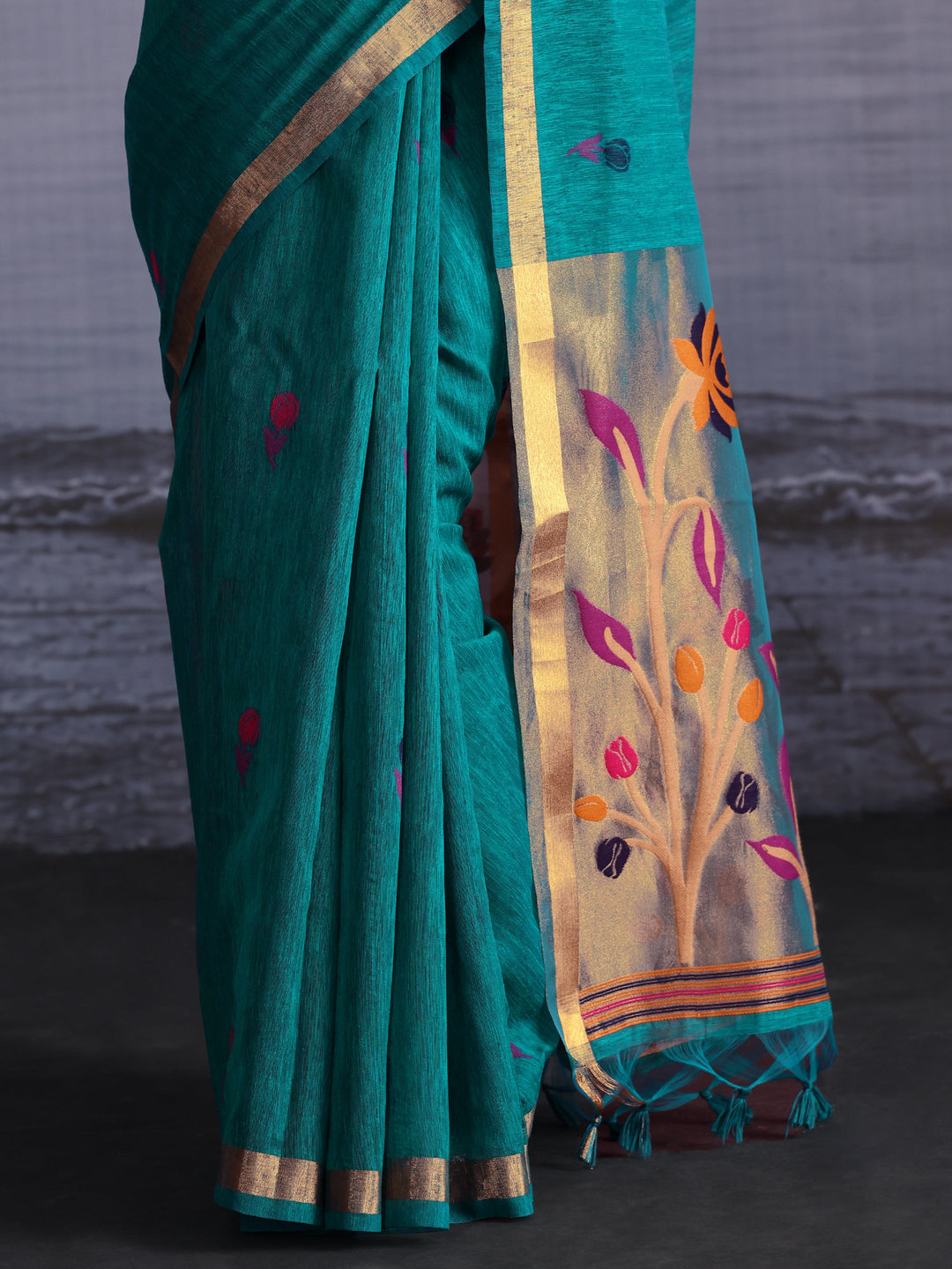 Libas Blue Floral Woven Design Cotton Blend Saree