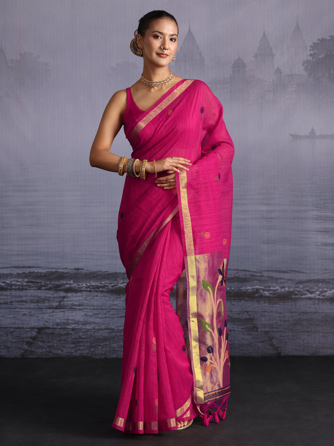 Libas Rani Pink Floral Woven Design Cotton Blend Saree