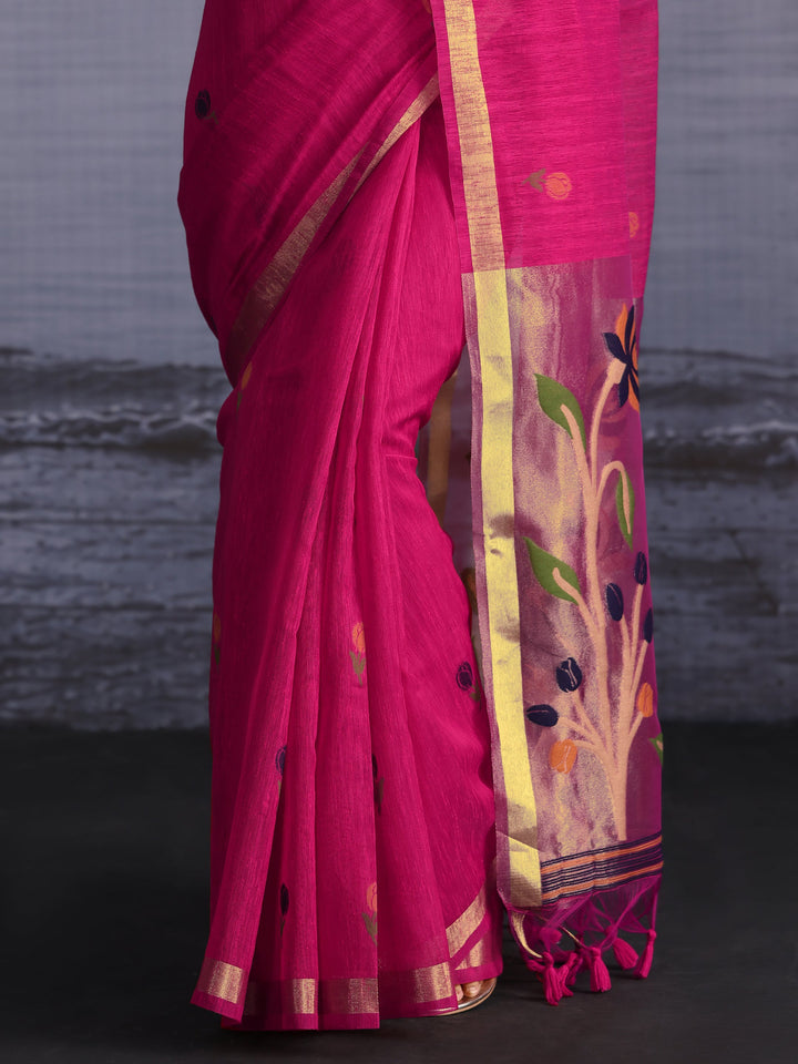 Libas Rani Pink Floral Woven Design Cotton Blend Saree