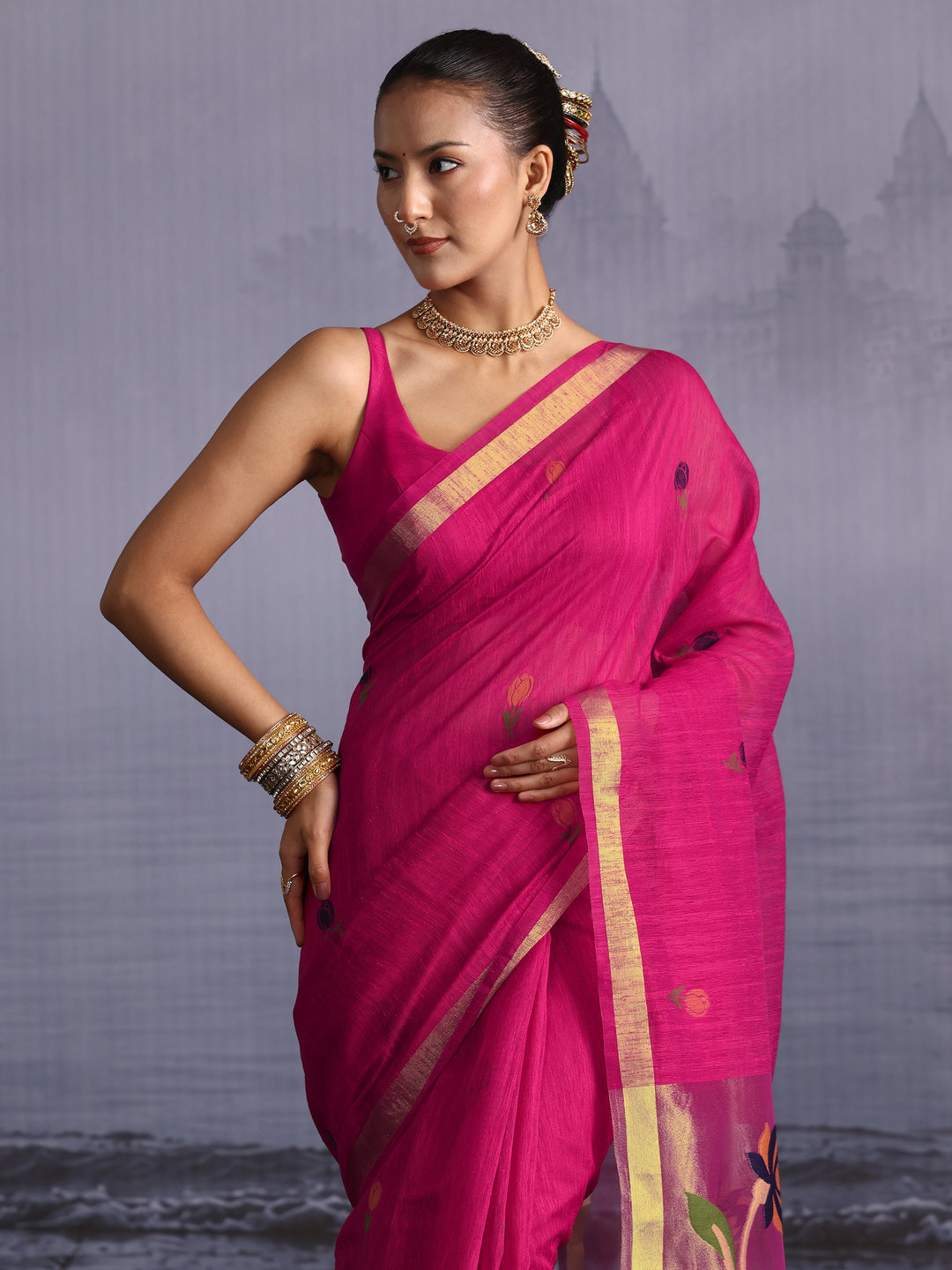 Libas Rani Pink Floral Woven Design Cotton Blend Saree