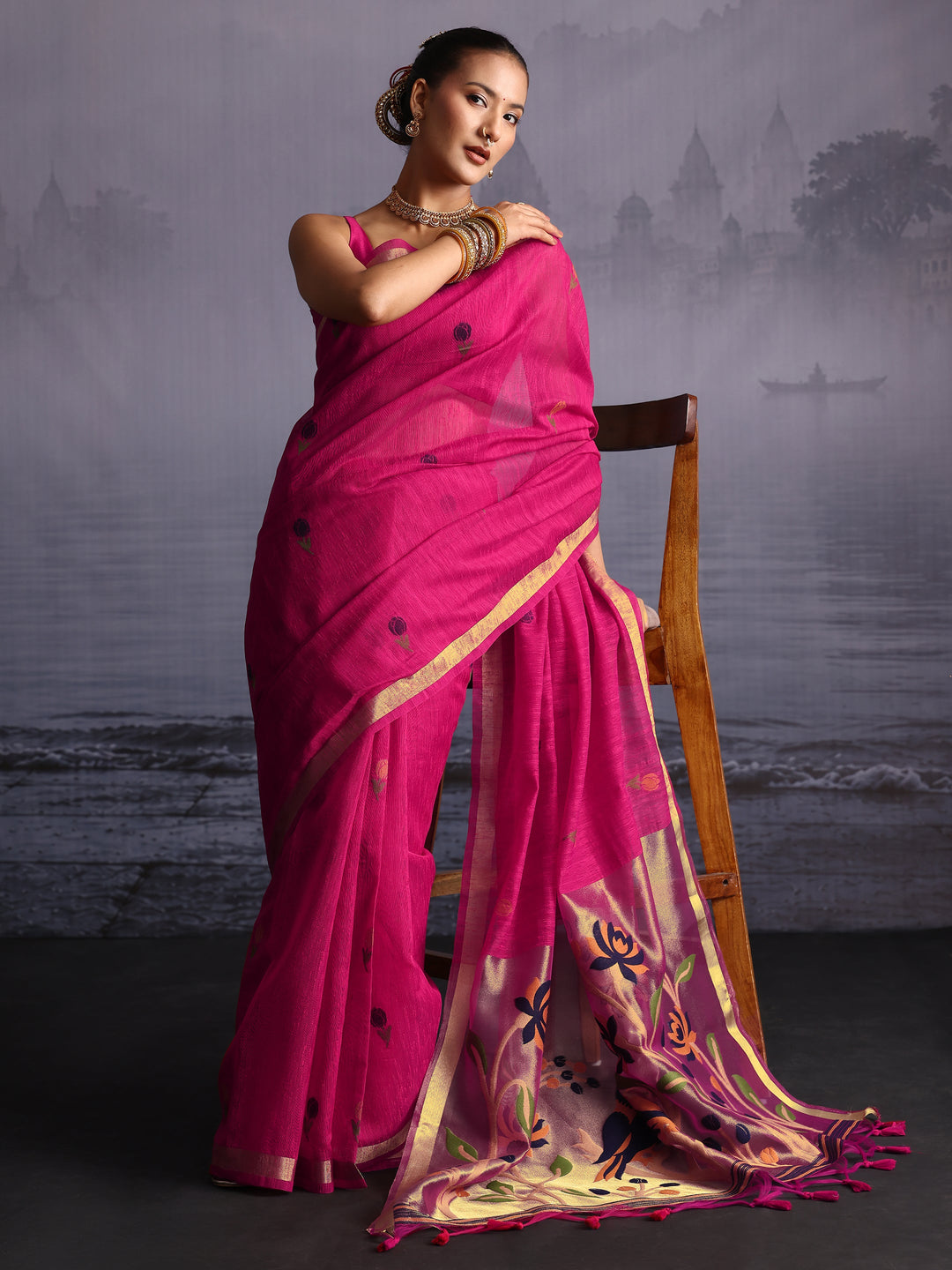 Libas Rani Pink Floral Woven Design Cotton Blend Saree
