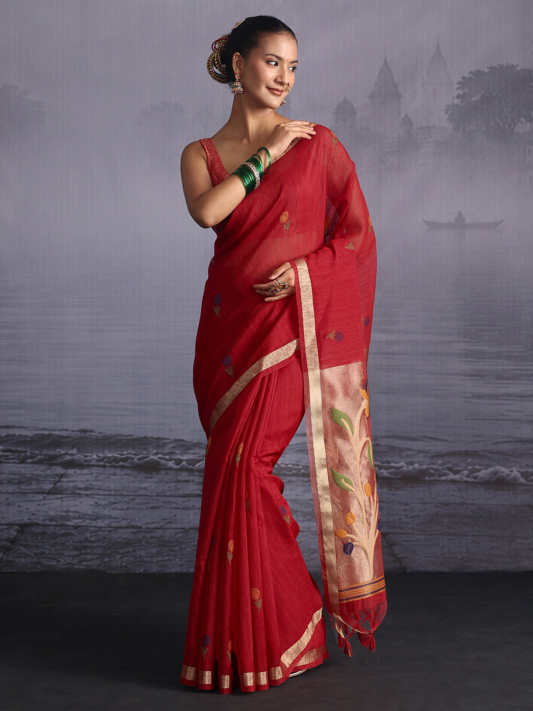 Libas Crimson Red Floral Woven Design Cotton Blend Saree