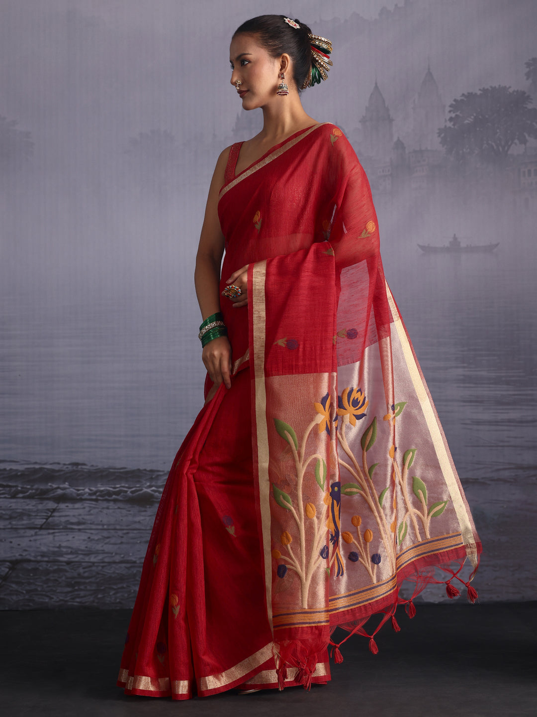 Libas Crimson Red Floral Woven Design Cotton Blend Saree
