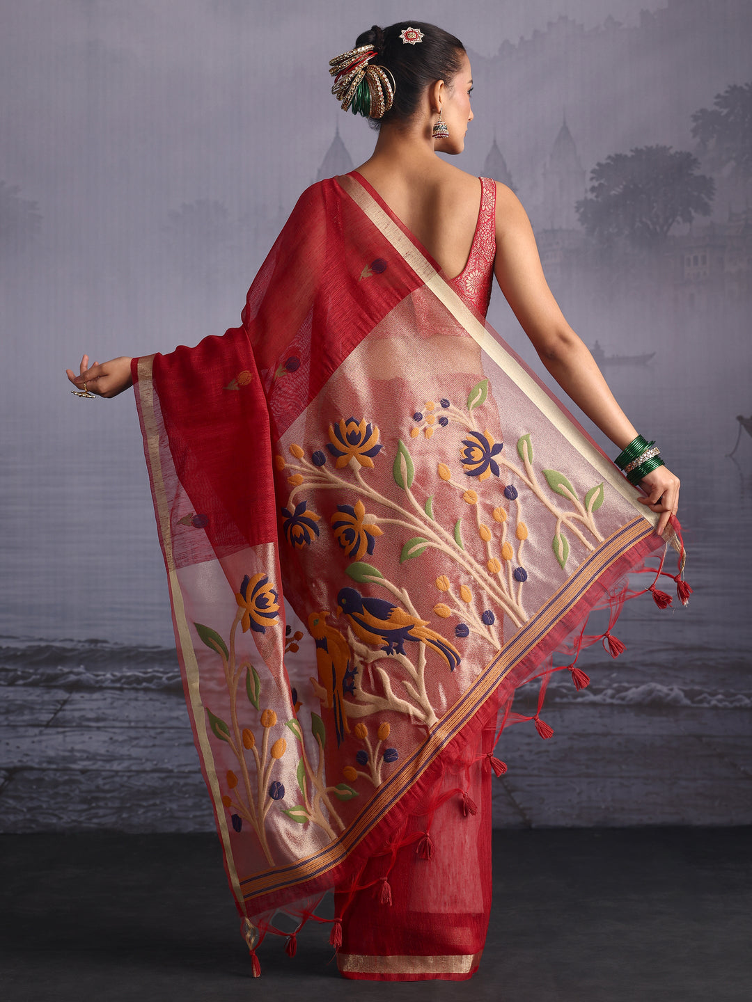Libas Crimson Red Floral Woven Design Cotton Blend Saree