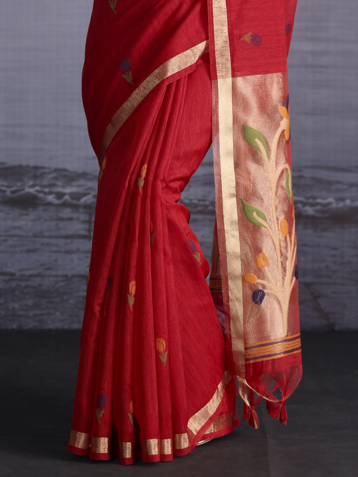 Libas Crimson Red Floral Woven Design Cotton Blend Saree