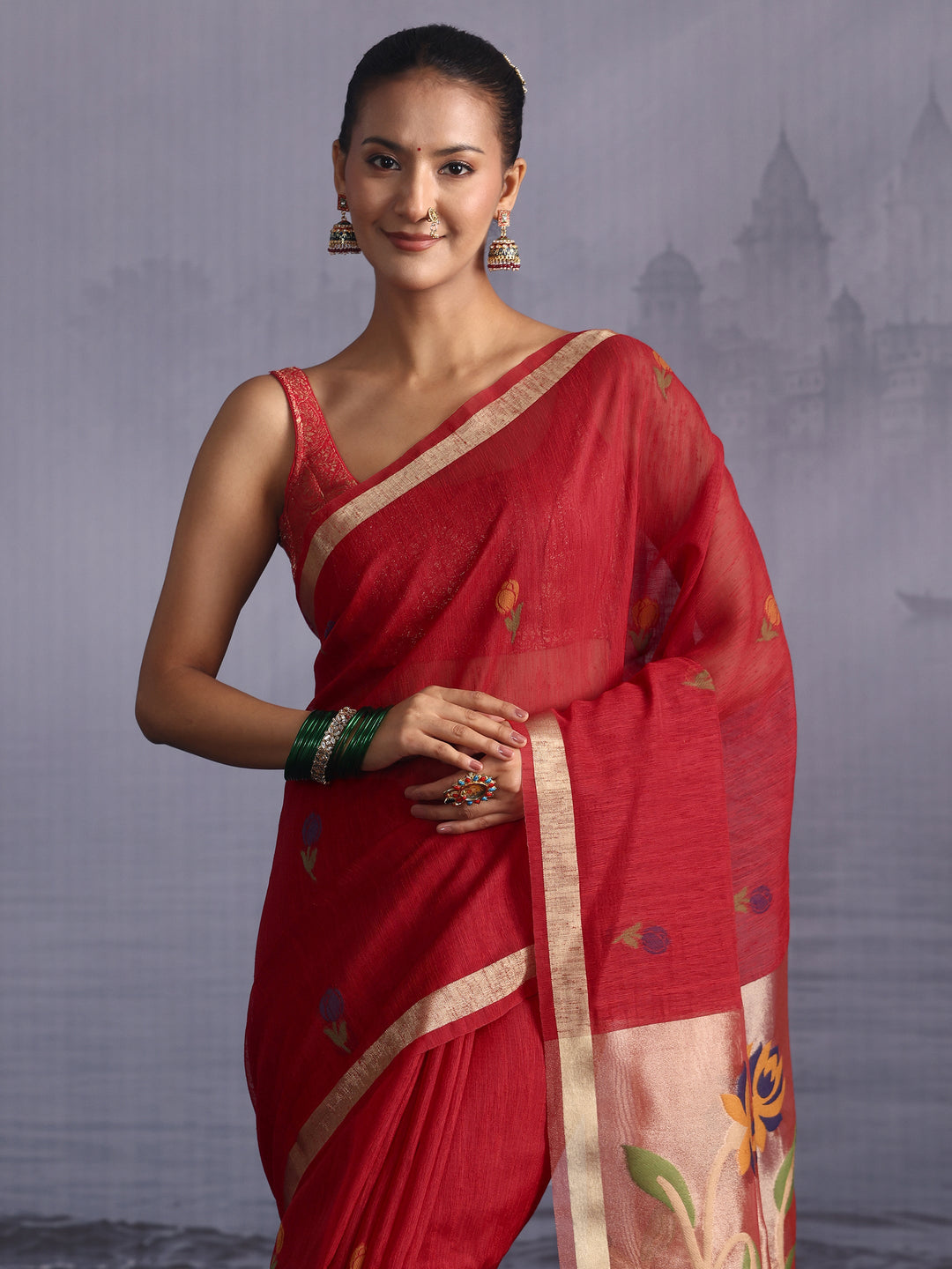 Libas Crimson Red Floral Woven Design Cotton Blend Saree