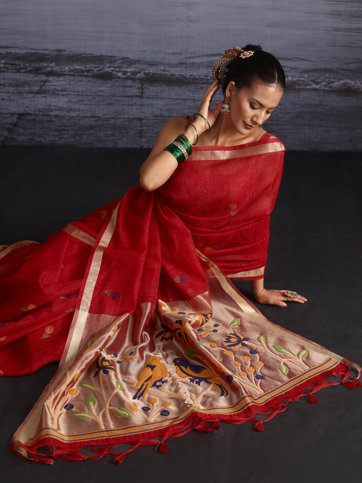 Libas Crimson Red Floral Woven Design Cotton Blend Saree