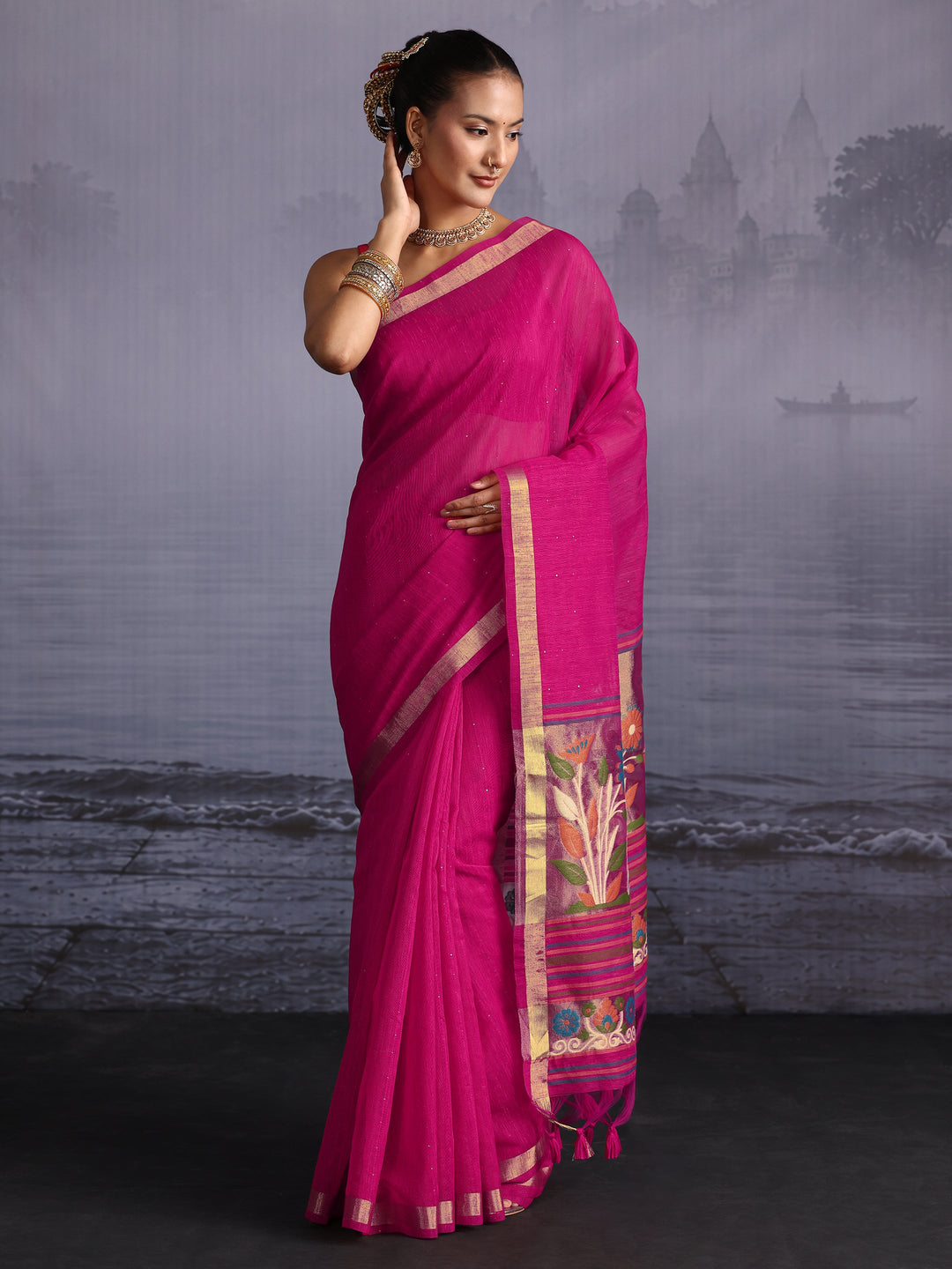 Libas Pink Cotton Blend Saree with Floral Woven Design Pallu