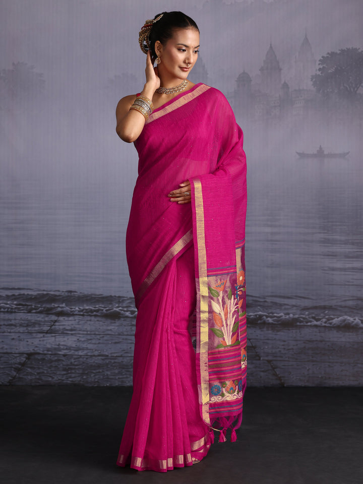 Libas Pink Cotton Blend Saree with Floral Woven Design Pallu