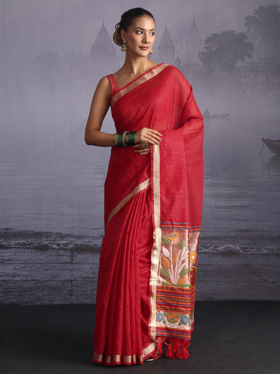 Libas Red Cotton Blend Saree with Floral Woven Design Pallu