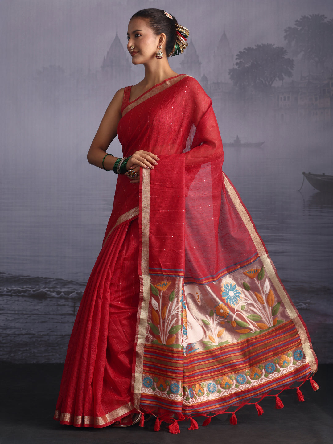 Libas Red Cotton Blend Saree with Floral Woven Design Pallu