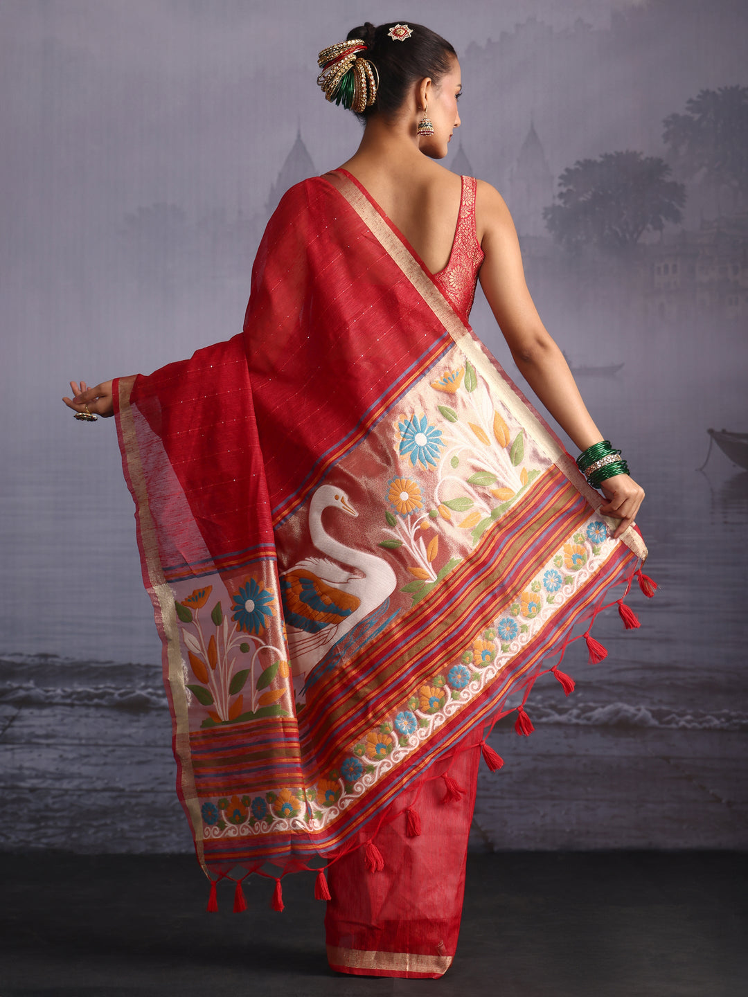 Libas Red Cotton Blend Saree with Floral Woven Design Pallu