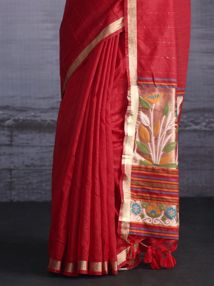 Libas Red Cotton Blend Saree with Floral Woven Design Pallu