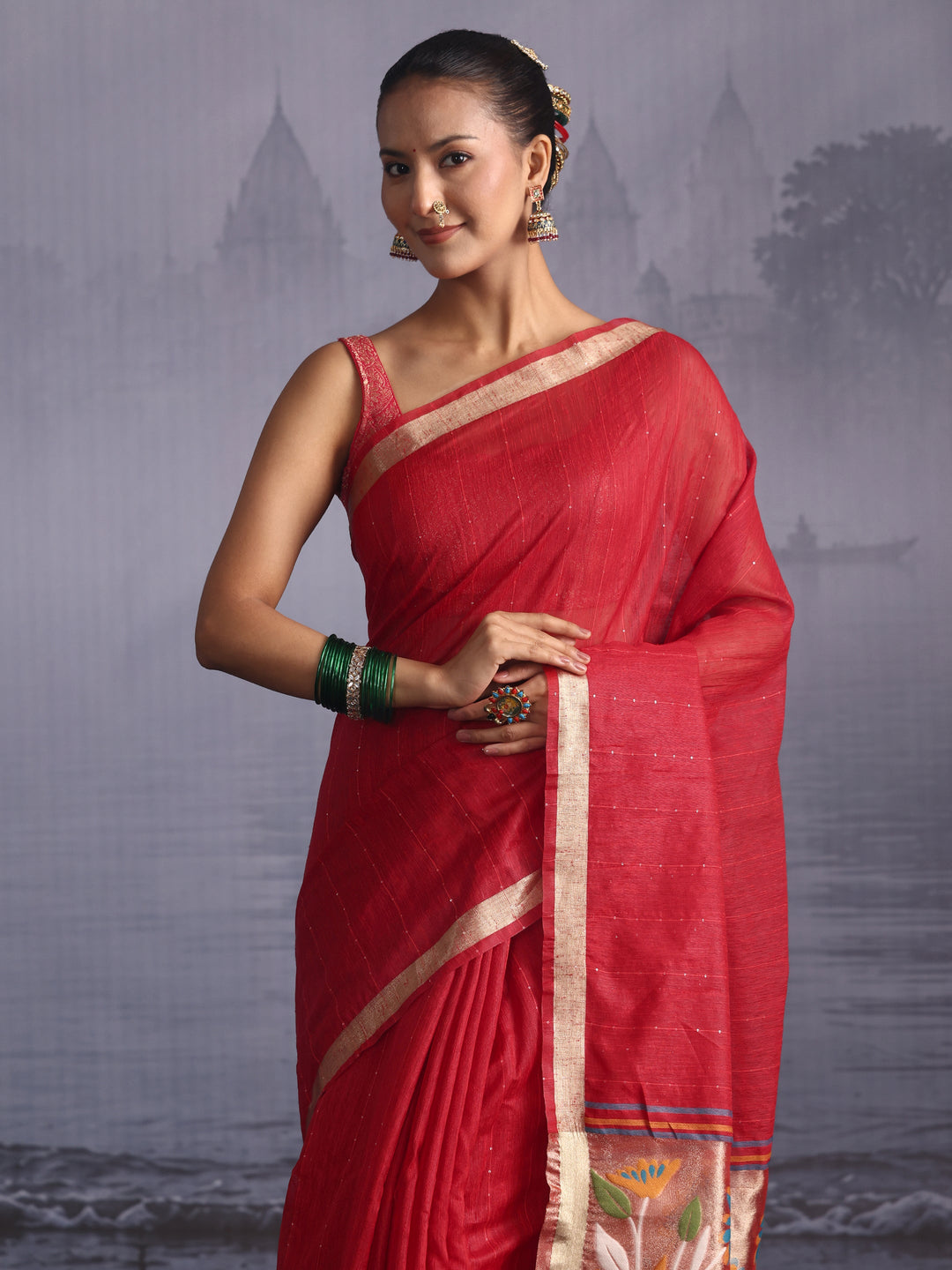 Libas Red Cotton Blend Saree with Floral Woven Design Pallu
