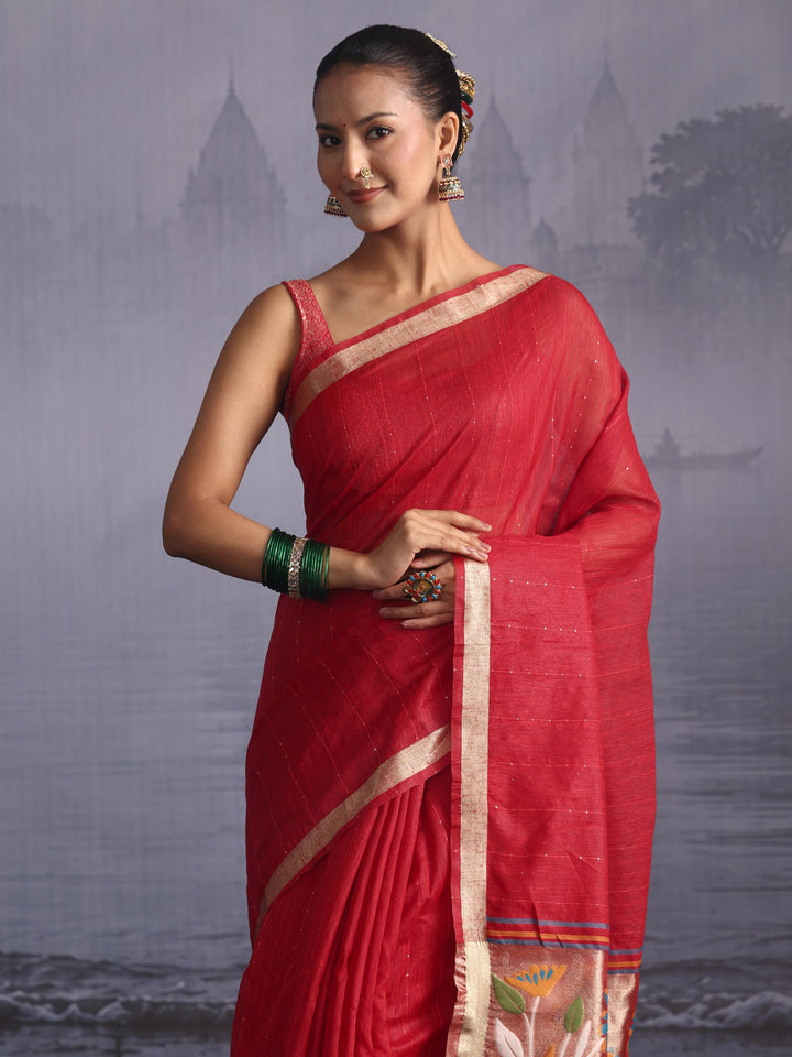 Libas Red Cotton Blend Saree with Floral Woven Design Pallu