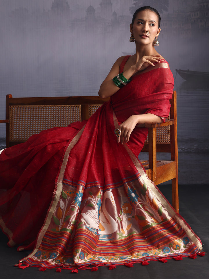 Libas Red Cotton Blend Saree with Floral Woven Design Pallu