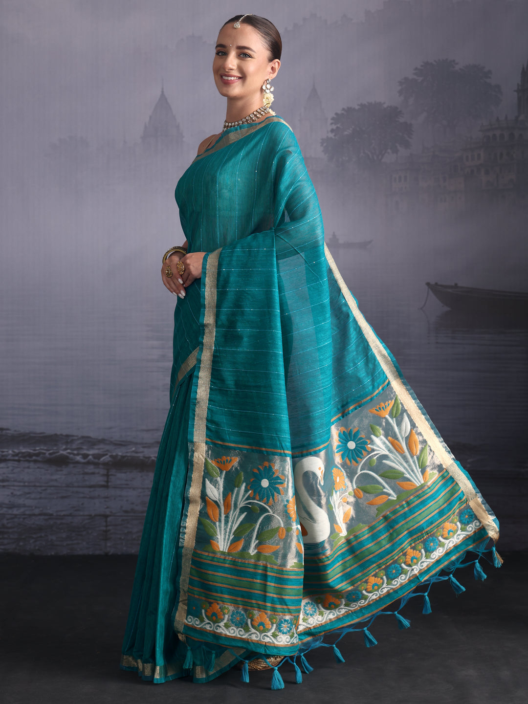 Libas Sea Green Cotton Blend Saree with Floral Woven Design Pallu