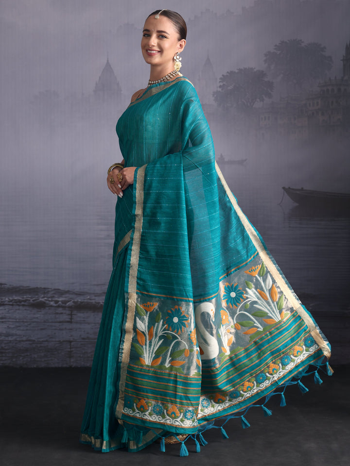 Libas Sea Green Cotton Blend Saree with Floral Woven Design Pallu
