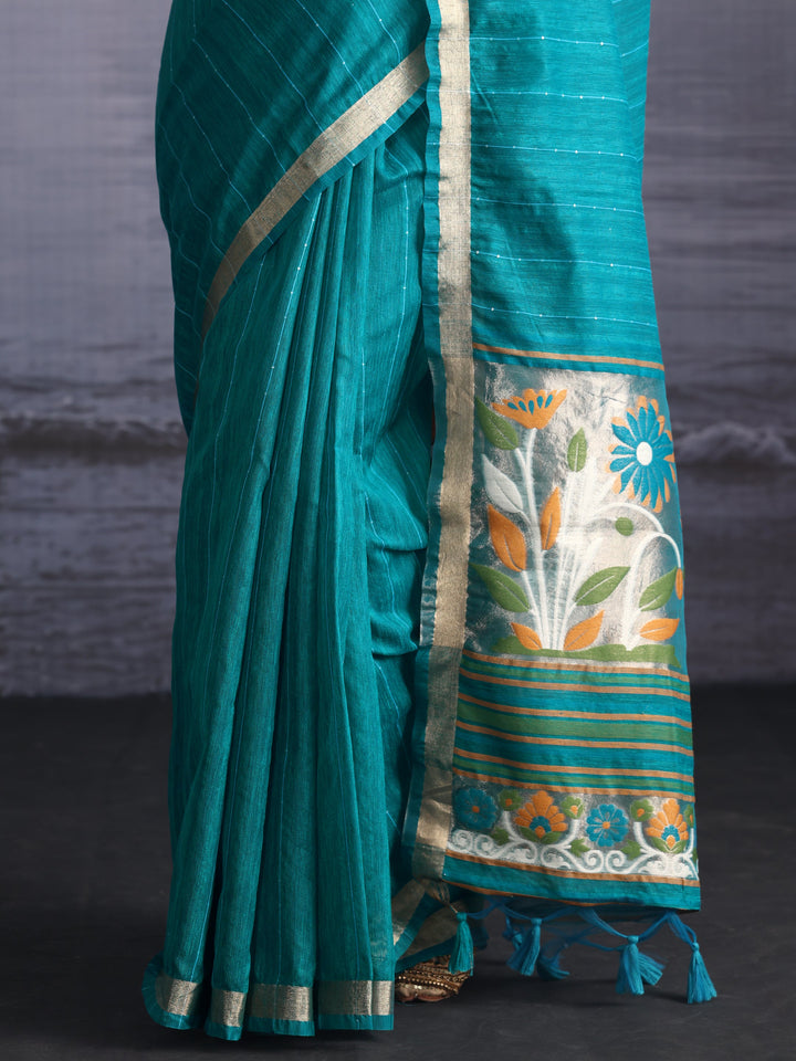 Libas Sea Green Cotton Blend Saree with Floral Woven Design Pallu