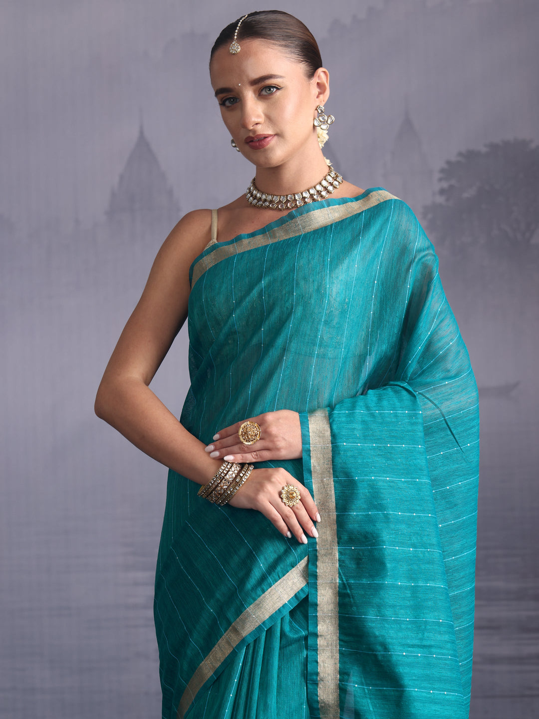 Libas Sea Green Cotton Blend Saree with Floral Woven Design Pallu