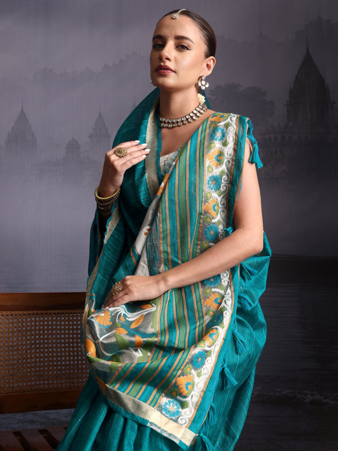 Libas Sea Green Cotton Blend Saree with Floral Woven Design Pallu