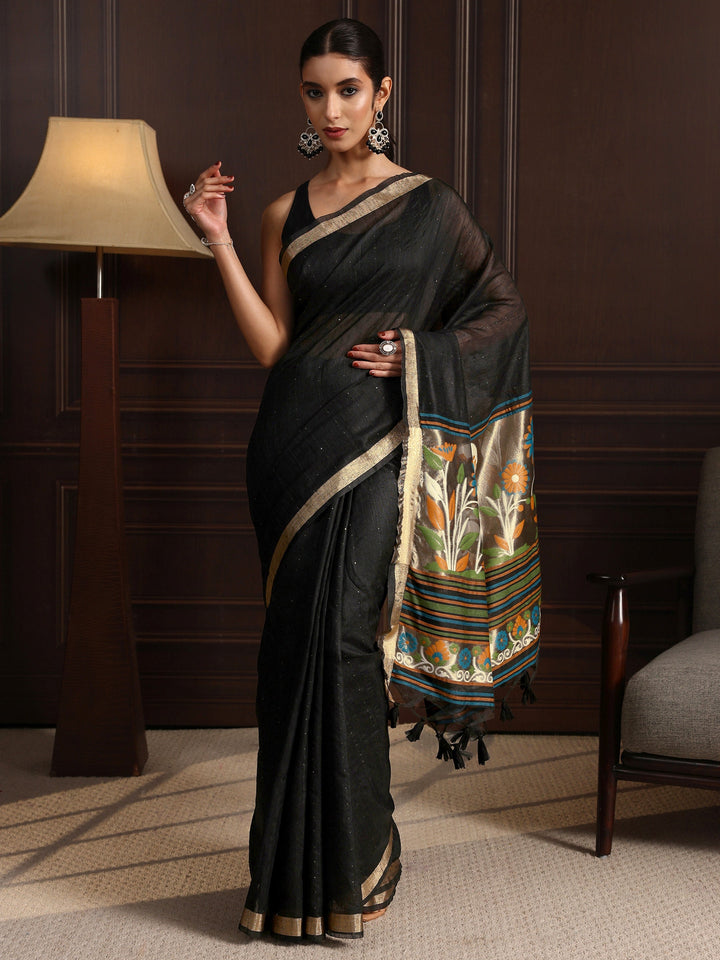 Libas Black Silk Blend Saree with Woven Design Pallu