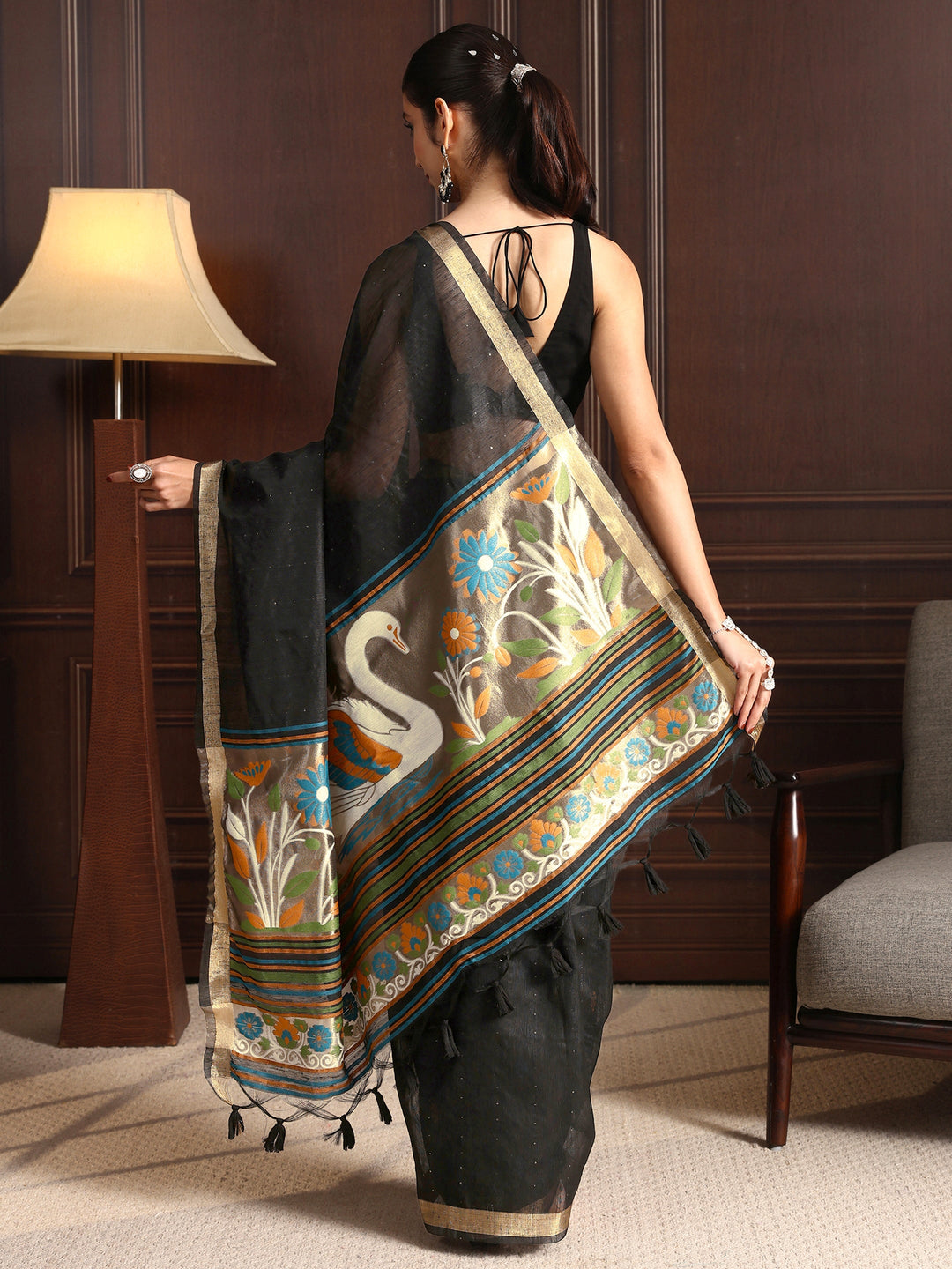 Libas Black Silk Blend Saree with Woven Design Pallu