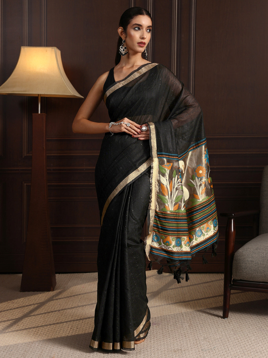 Libas Black Silk Blend Saree with Woven Design Pallu