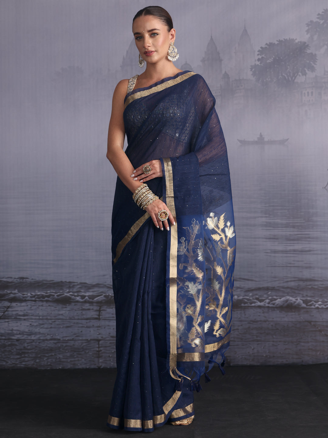 Libas Navy Cotton Blend Saree with Golden Floral Woven Design Pallu