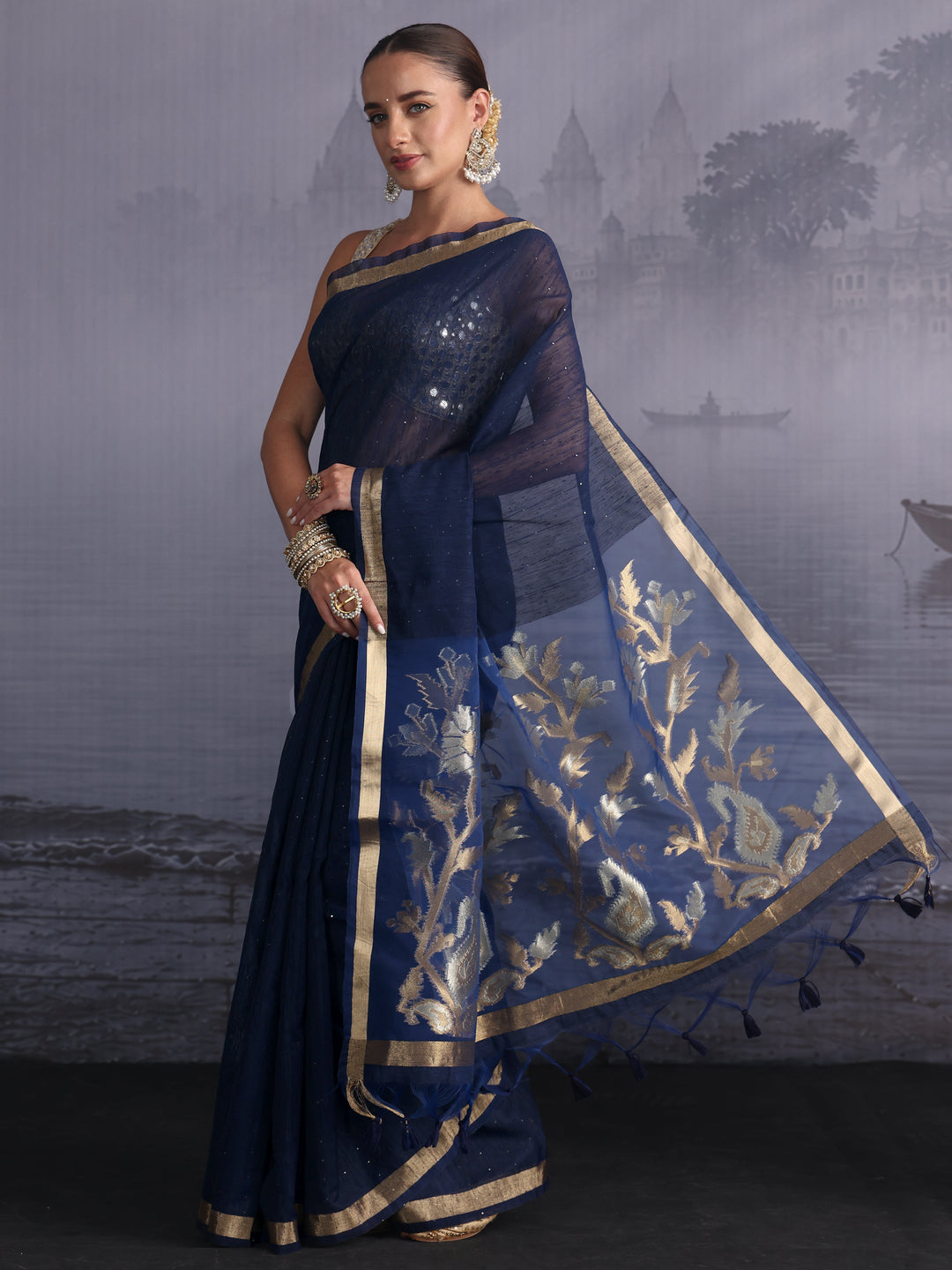 Libas Navy Cotton Blend Saree with Golden Floral Woven Design Pallu