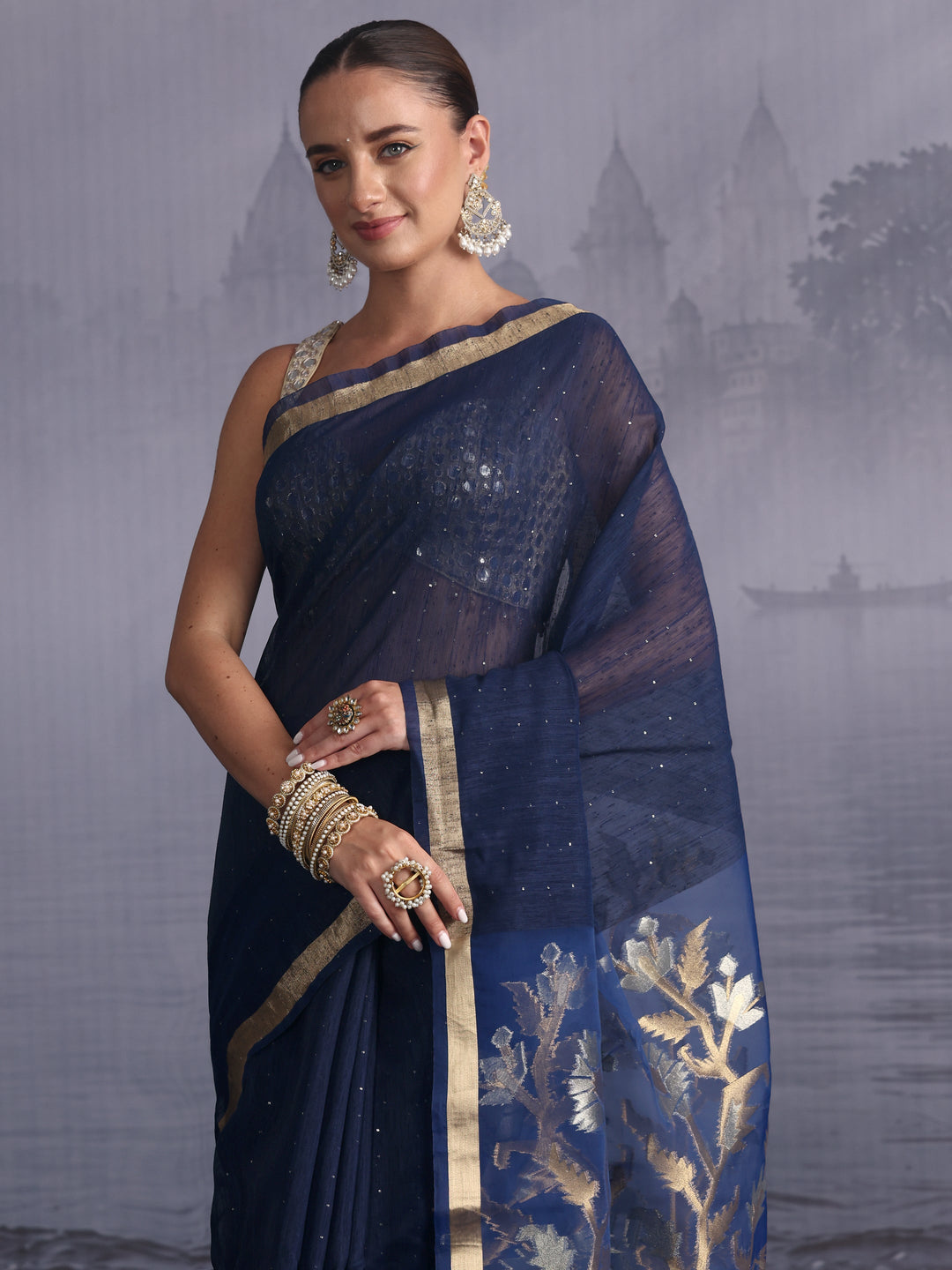 Libas Navy Cotton Blend Saree with Golden Floral Woven Design Pallu