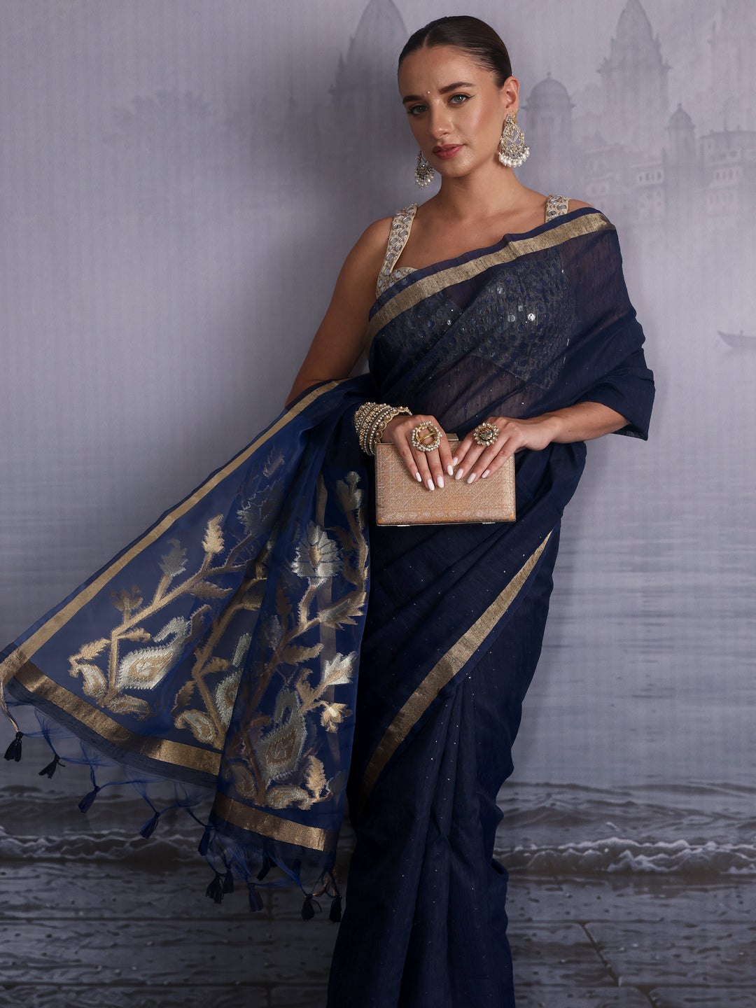 Libas Navy Cotton Blend Saree with Golden Floral Woven Design Pallu