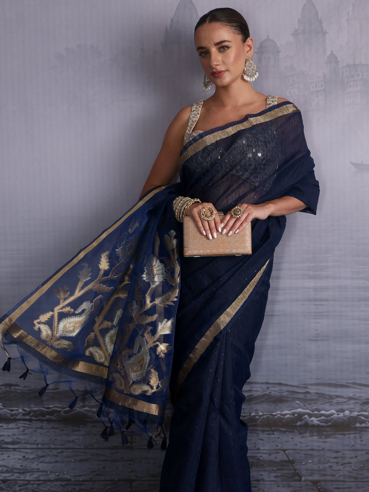 Libas Navy Cotton Blend Saree with Golden Floral Woven Design Pallu
