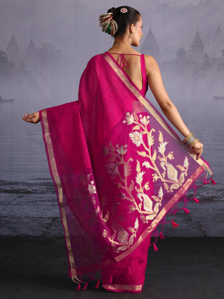 Libas Pink Cotton Blend Saree with Golden Floral Woven Design Pallu