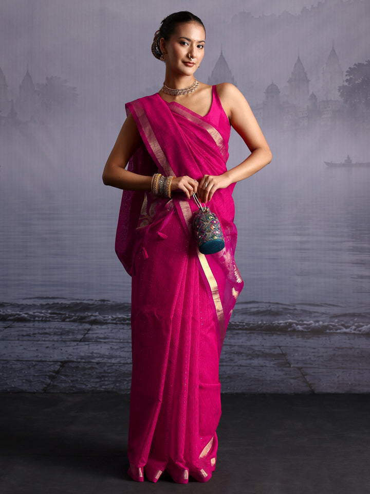 Libas Pink Cotton Blend Saree with Golden Floral Woven Design Pallu