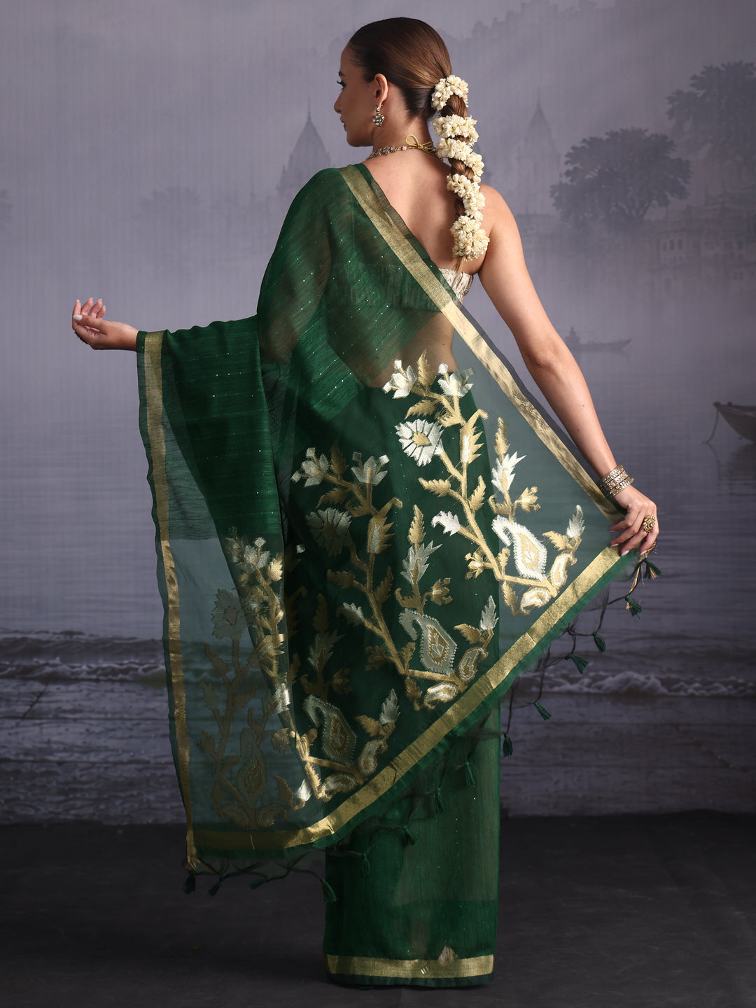 Libas Green Cotton Blend Saree with Golden Floral Woven Design Pallu