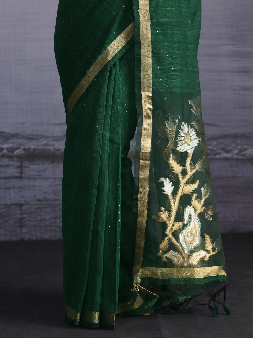 Libas Green Cotton Blend Saree with Golden Floral Woven Design Pallu