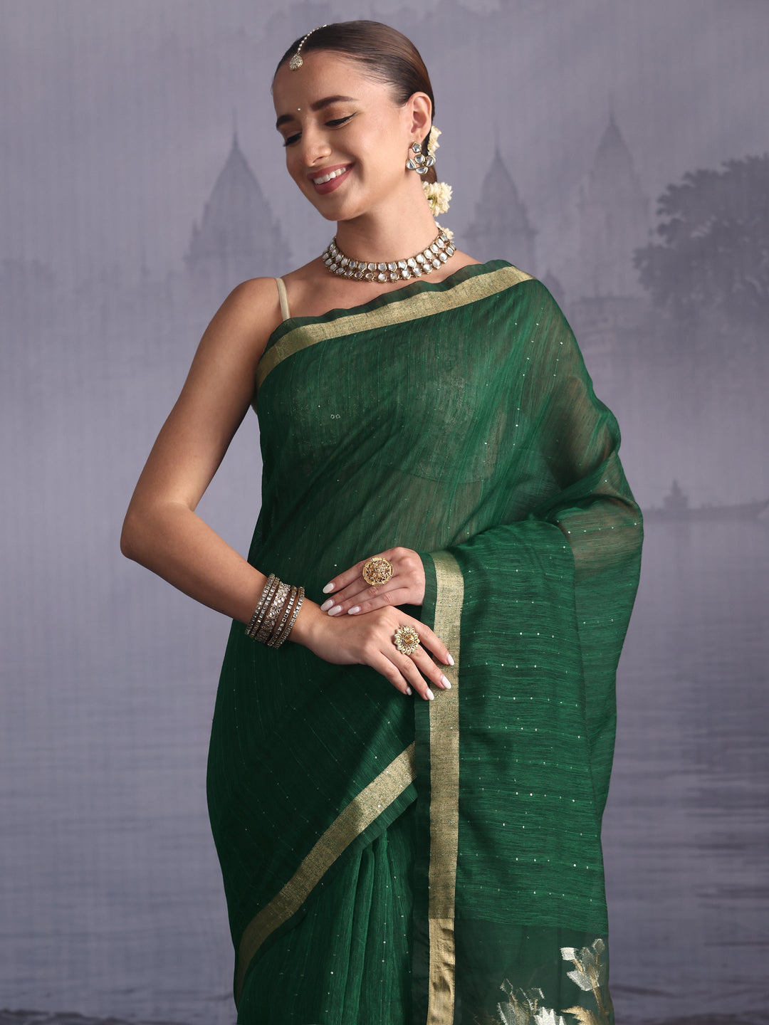 Libas Green Cotton Blend Saree with Golden Floral Woven Design Pallu