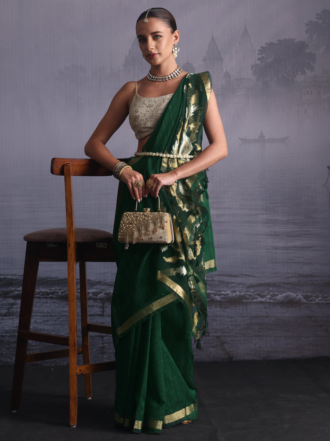 Libas Green Cotton Blend Saree with Golden Floral Woven Design Pallu