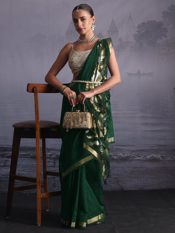 Libas Green Cotton Blend Saree with Golden Floral Woven Design Pallu