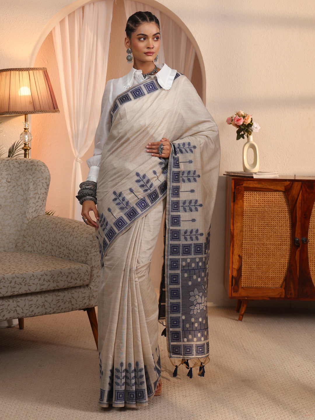 Libas Beige Silk Blend Saree with Printed Border