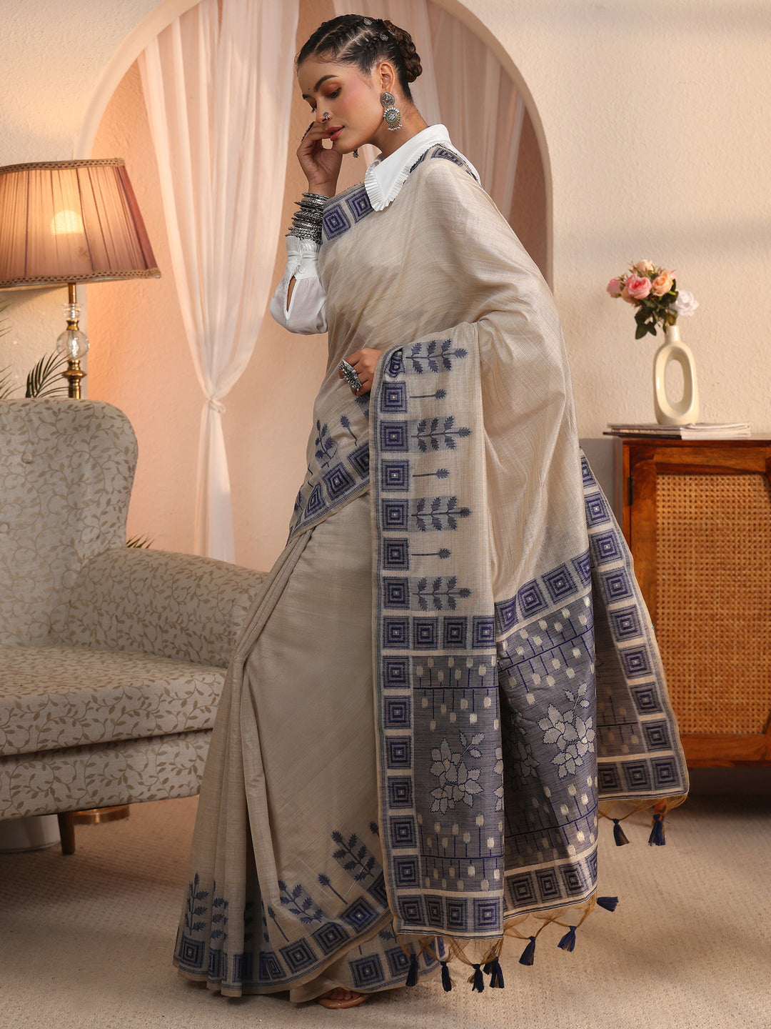 Libas Beige Silk Blend Saree with Printed Border