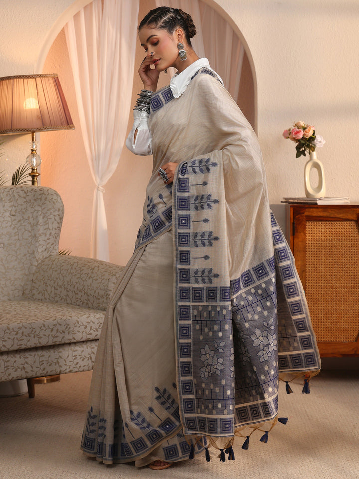 Libas Beige Silk Blend Saree with Printed Border
