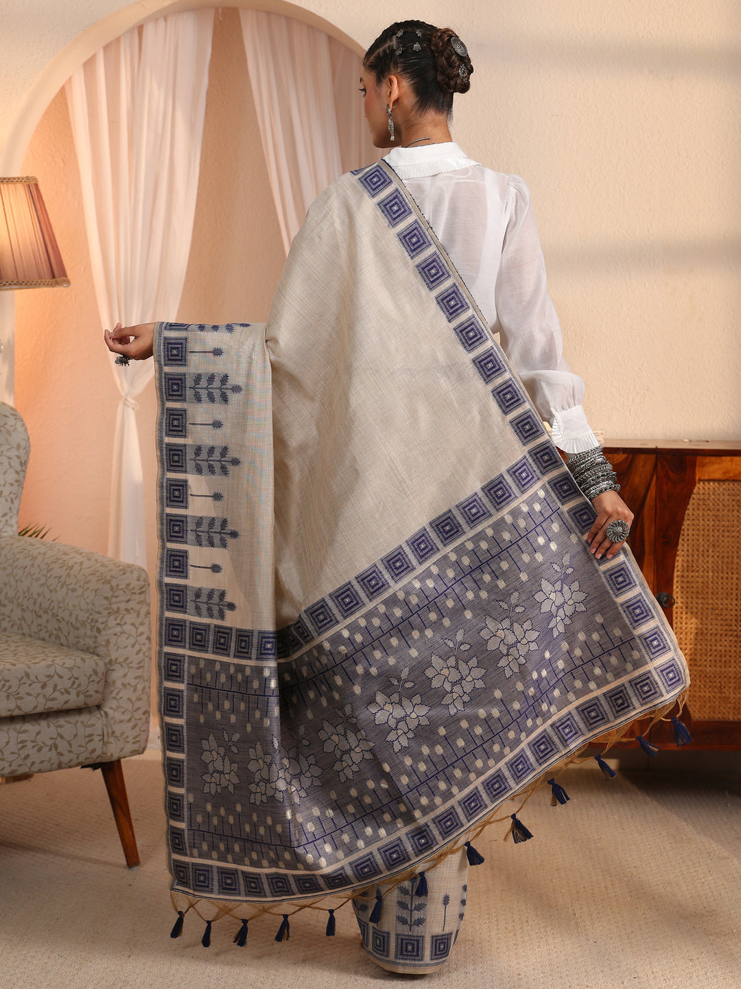 Libas Beige Silk Blend Saree with Printed Border