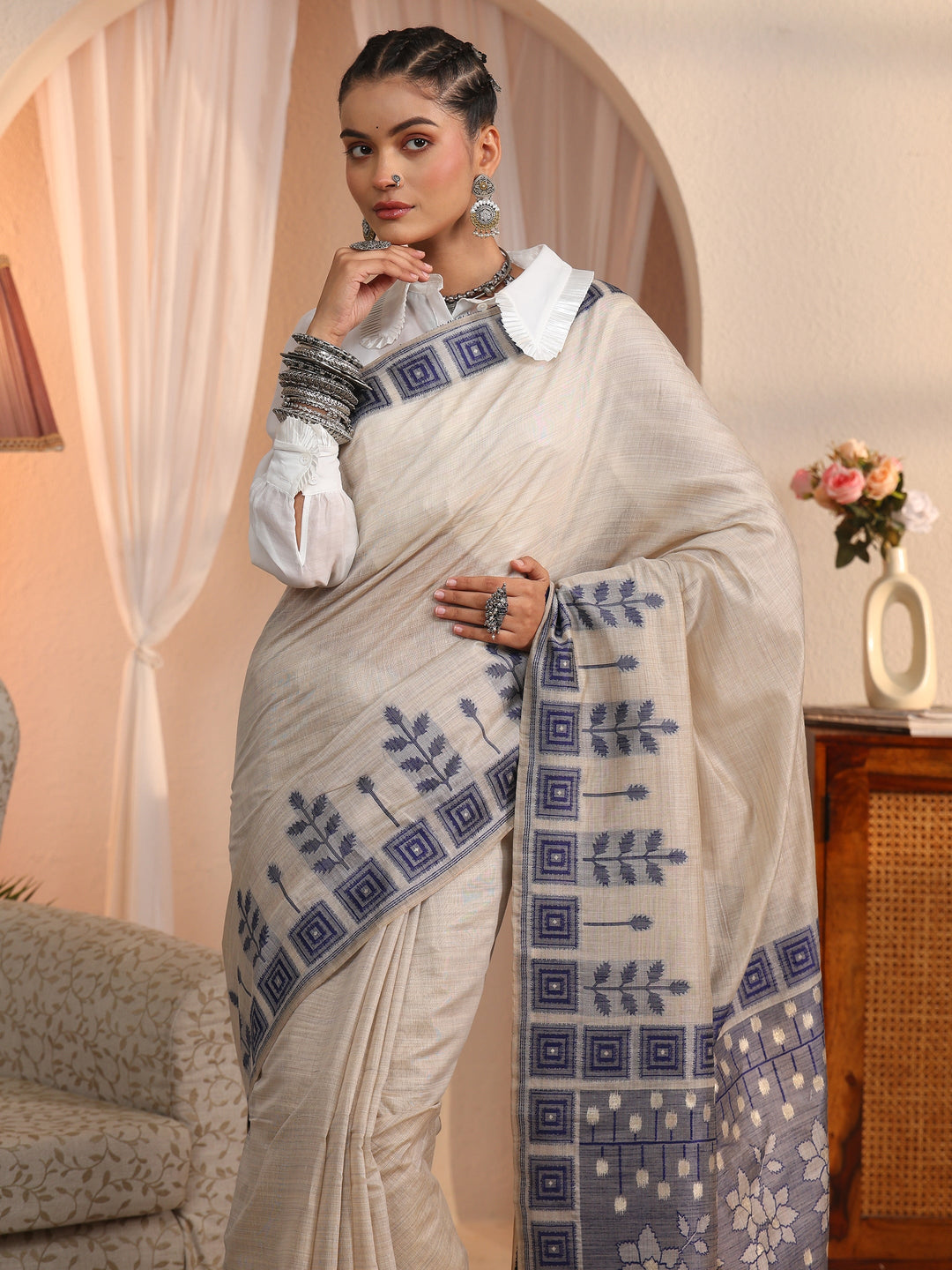Libas Beige Silk Blend Saree with Printed Border