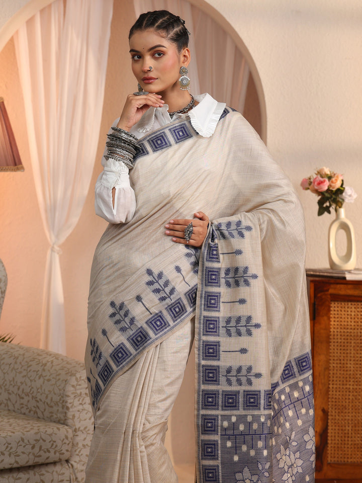 Libas Beige Silk Blend Saree with Printed Border