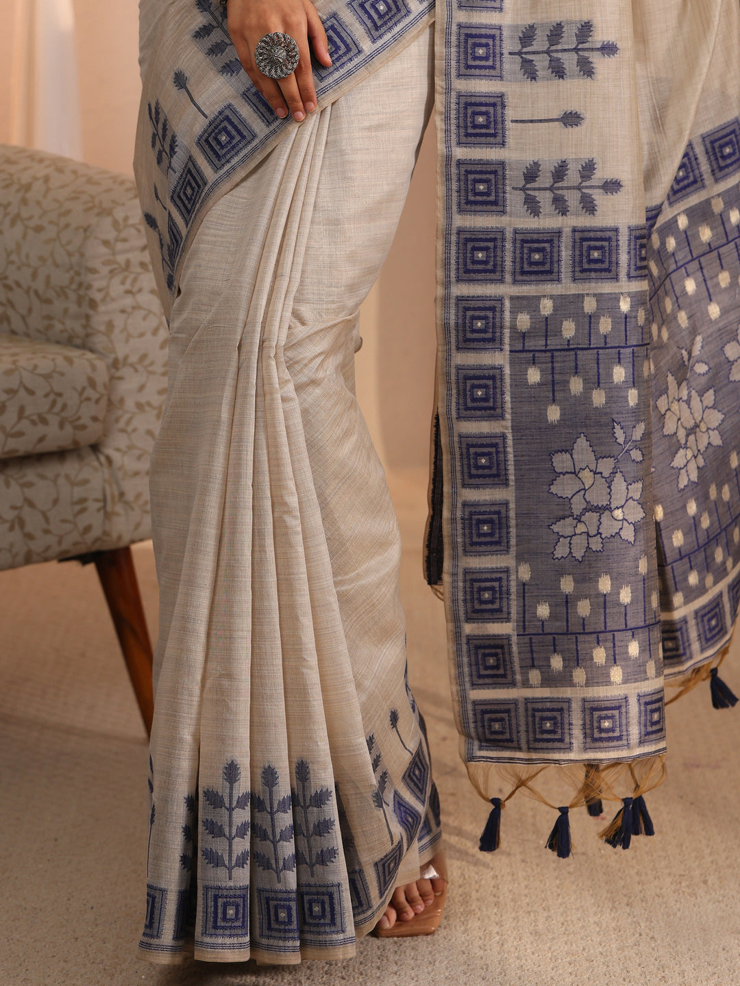 Libas Beige Silk Blend Saree with Printed Border